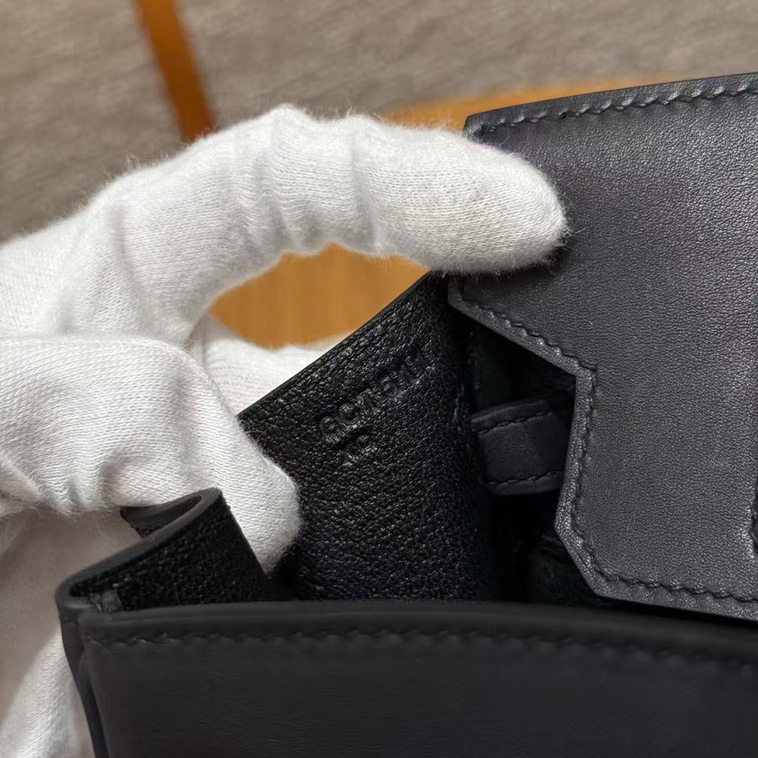 Hermes Birkin Rock 25 Bag Handmade In Volupto Calfskin Leather And Canvas Silver Hardware 89 Noir - Image 15