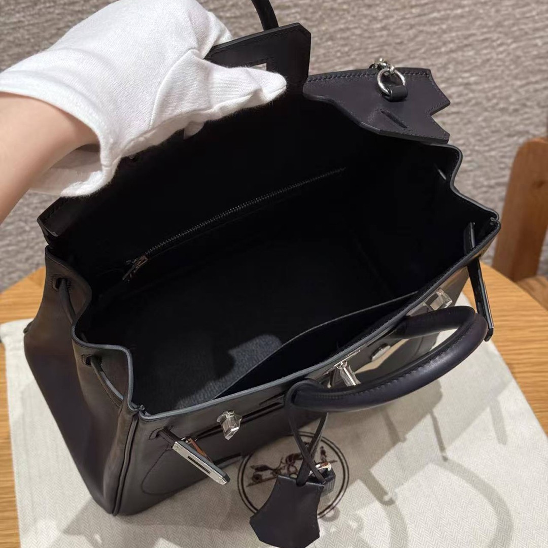 Hermes Birkin Rock 25 Bag Handmade In Volupto Calfskin Leather And Canvas Silver Hardware 89 Noir - Image 12
