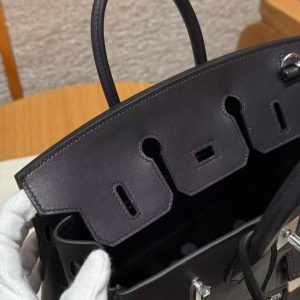 Hermes Birkin Rock 25 Bag Handmade In Volupto Calfskin Leather And Canvas Silver Hardware 89 Noir - Image 11