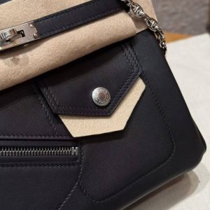 Hermes Birkin Rock 25 Bag Handmade In Volupto Calfskin Leather And Canvas Silver Hardware 89 Noir - Image 9
