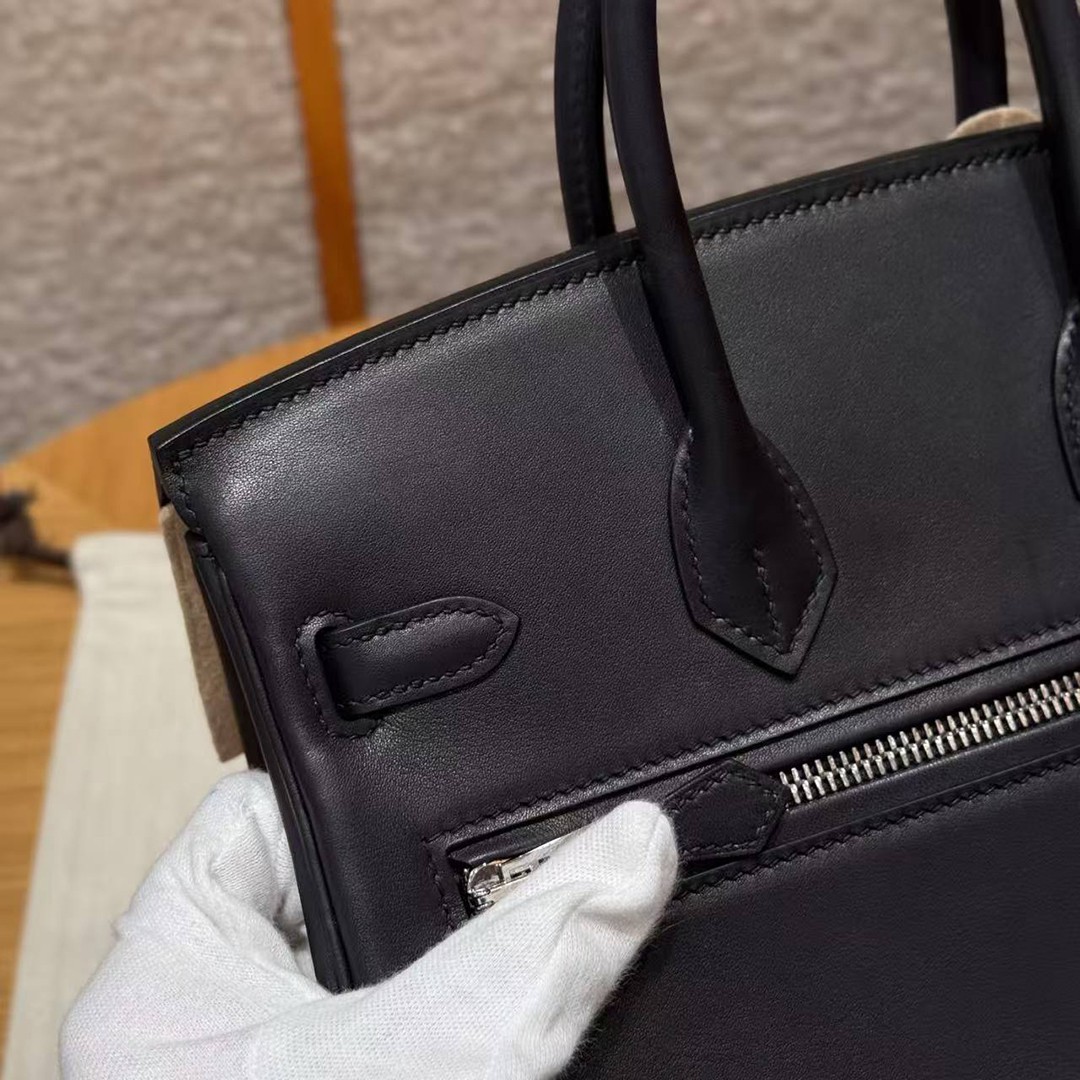 Hermes Birkin Rock 25 Bag Handmade In Volupto Calfskin Leather And Canvas Silver Hardware 89 Noir - Image 8