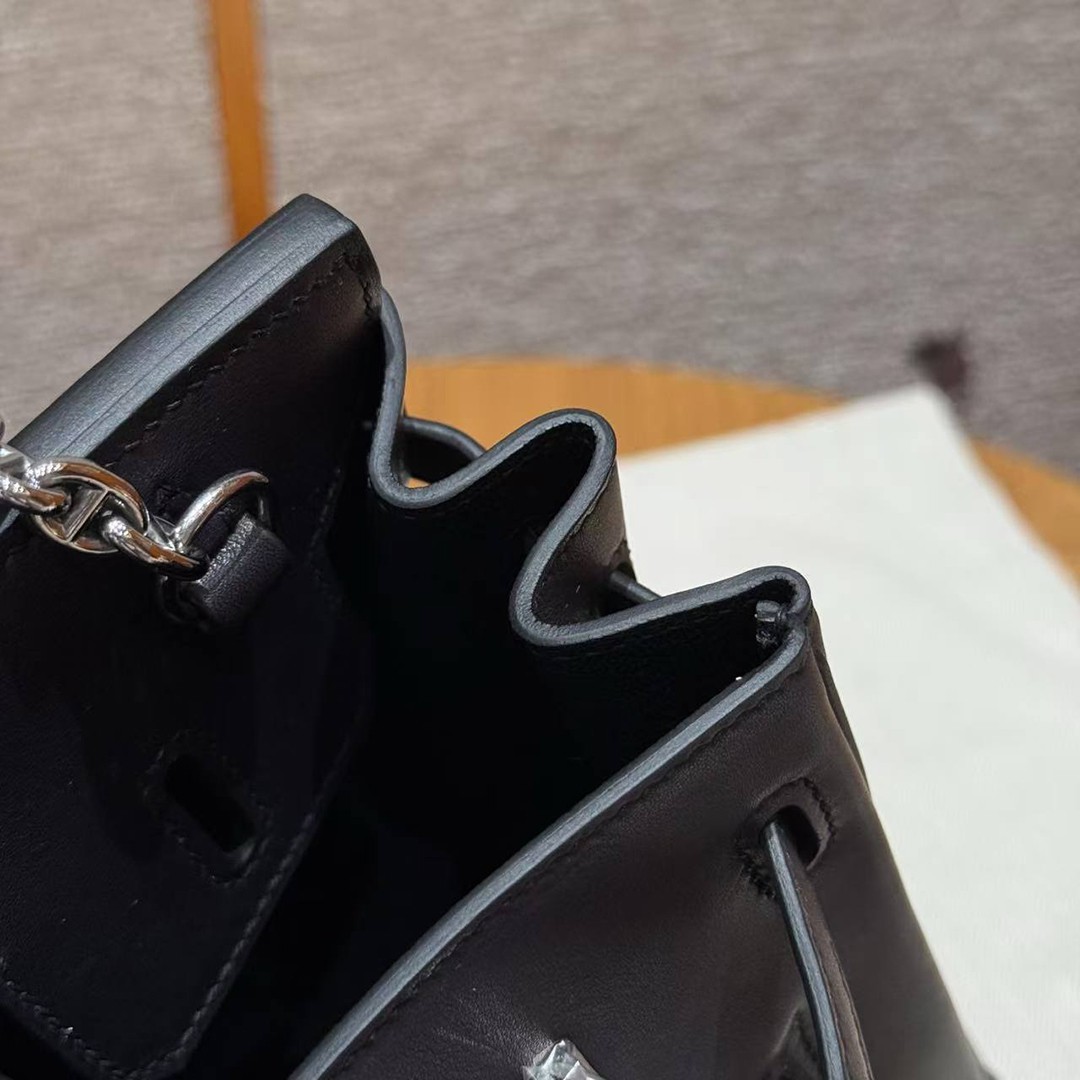 Hermes Birkin Rock 25 Bag Handmade In Volupto Calfskin Leather And Canvas Silver Hardware 89 Noir - Image 6