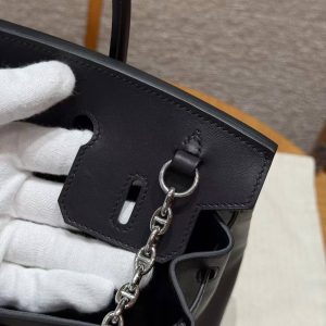 Hermes Birkin Rock 25 Bag Handmade In Volupto Calfskin Leather And Canvas Silver Hardware 89 Noir - Image 3