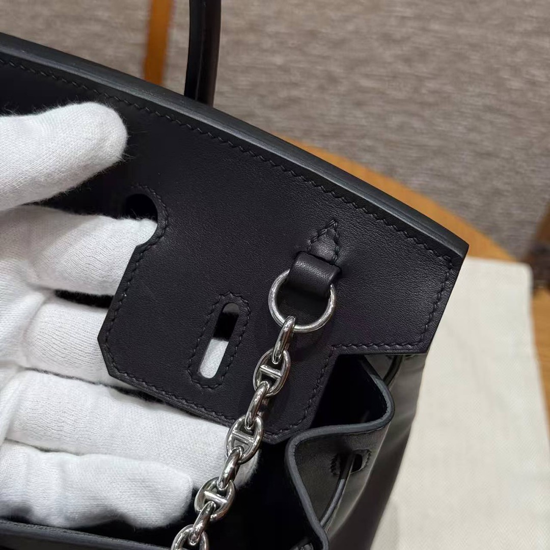 Hermes Birkin Rock 25 Bag Handmade In Volupto Calfskin Leather And Canvas Silver Hardware 89 Noir - Image 3