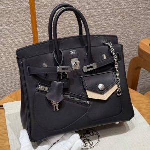 Hermes Birkin Rock 25 Bag Handmade In Volupto Calfskin Leather And Canvas Silver Hardware 89 Noir