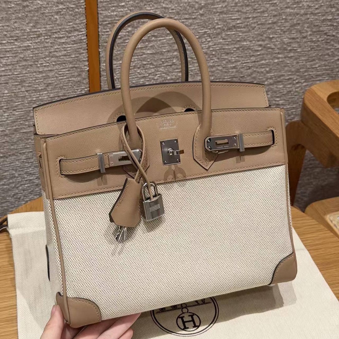 Hermes Birkin Toile H 25 Bag Handmade In Swift Calfskin Leather Canvas Silver Hardware 0M Chai - Image 2