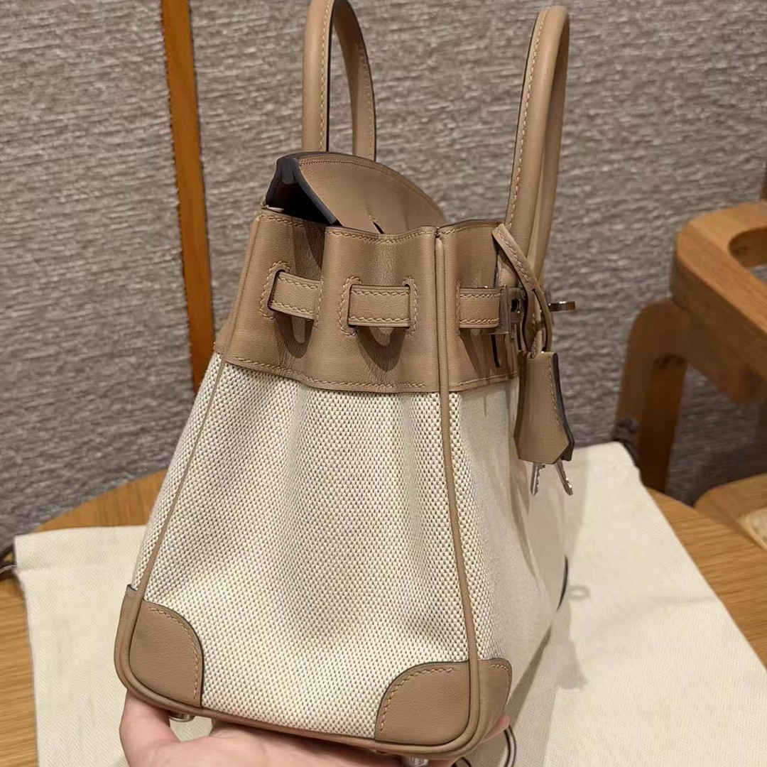 Hermes Birkin Toile H 25 Bag Handmade In Swift Calfskin Leather Canvas Silver Hardware 0M Chai - Image 22