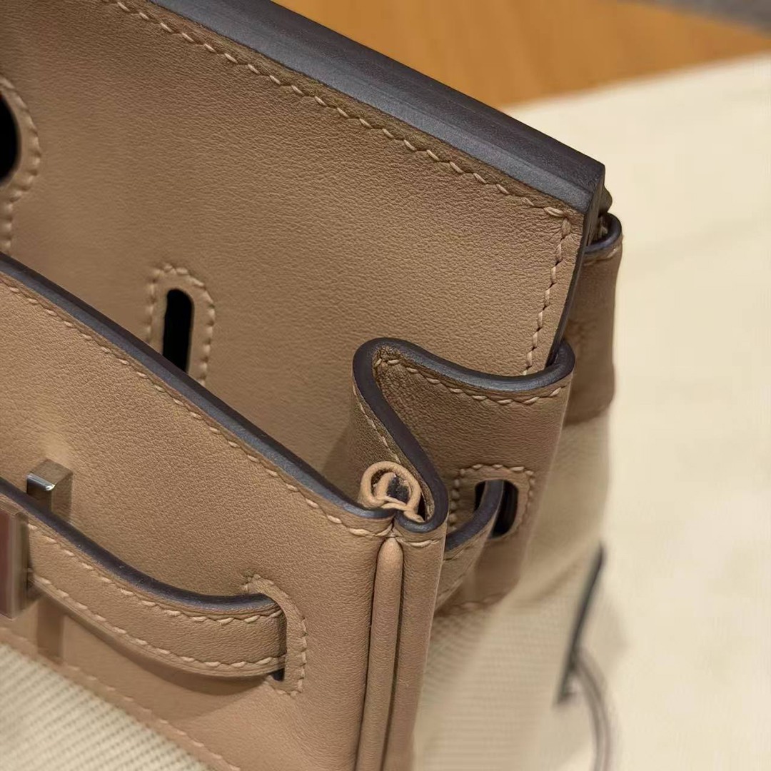 Hermes Birkin Toile H 25 Bag Handmade In Swift Calfskin Leather Canvas Silver Hardware 0M Chai - Image 21