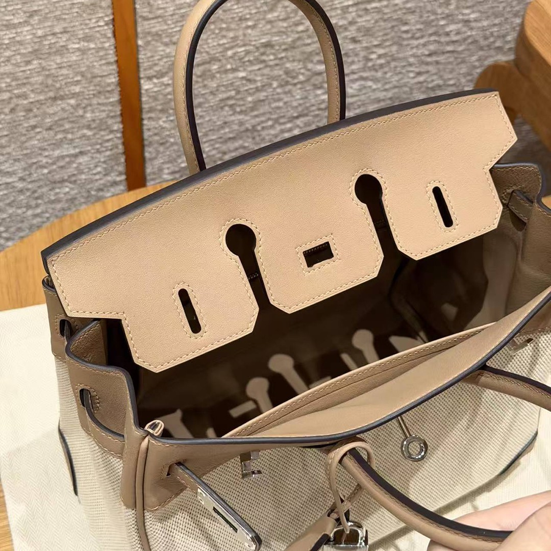 Hermes Birkin Toile H 25 Bag Handmade In Swift Calfskin Leather Canvas Silver Hardware 0M Chai - Image 19