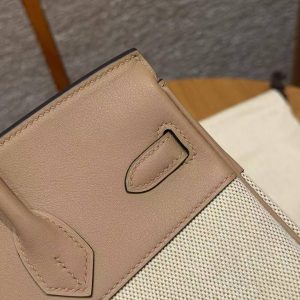 Hermes Birkin Toile H 25 Bag Handmade In Swift Calfskin Leather Canvas Silver Hardware 0M Chai - Image 14