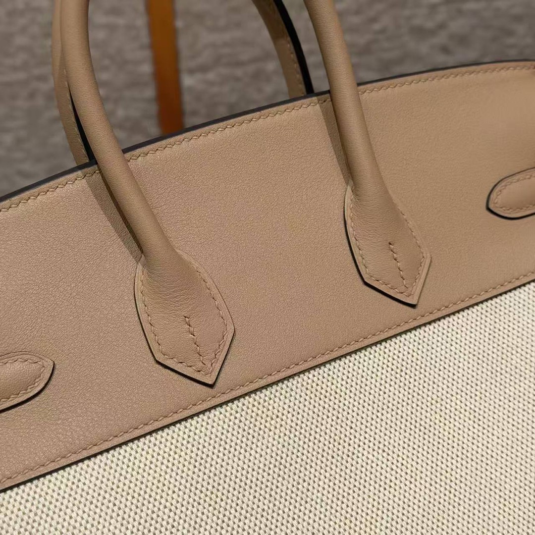 Hermes Birkin Toile H 25 Bag Handmade In Swift Calfskin Leather Canvas Silver Hardware 0M Chai - Image 13