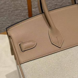 Hermes Birkin Toile H 25 Bag Handmade In Swift Calfskin Leather Canvas Silver Hardware 0M Chai - Image 12
