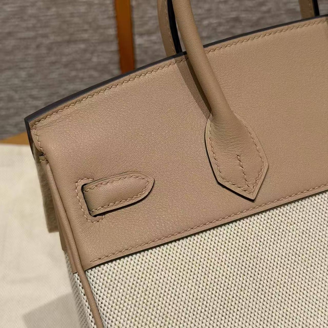 Hermes Birkin Toile H 25 Bag Handmade In Swift Calfskin Leather Canvas Silver Hardware 0M Chai - Image 12