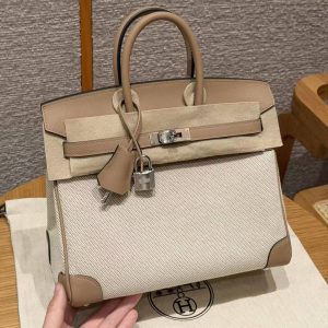 Hermes Birkin Toile H 25 Bag Handmade In Swift Calfskin Leather Canvas Silver Hardware 0M Chai