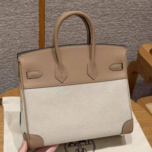 Hermes Birkin Toile H 25 Bag Handmade In Swift Calfskin Leather Canvas Silver Hardware 0M Chai - Image 10
