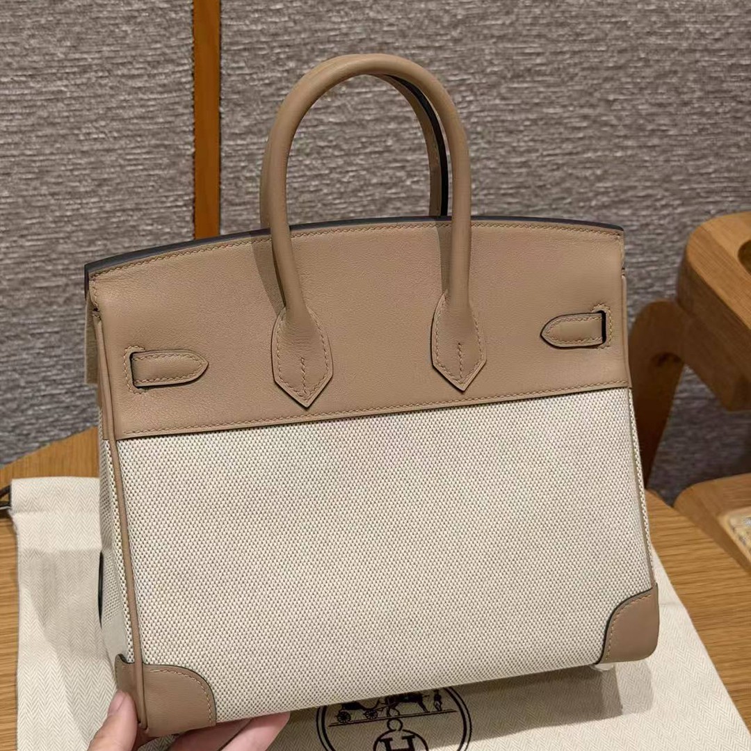 Hermes Birkin Toile H 25 Bag Handmade In Swift Calfskin Leather Canvas Silver Hardware 0M Chai - Image 10