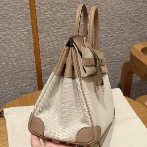 Hermes Birkin Toile H 25 Bag Handmade In Swift Calfskin Leather Canvas Silver Hardware 0M Chai - Image 9