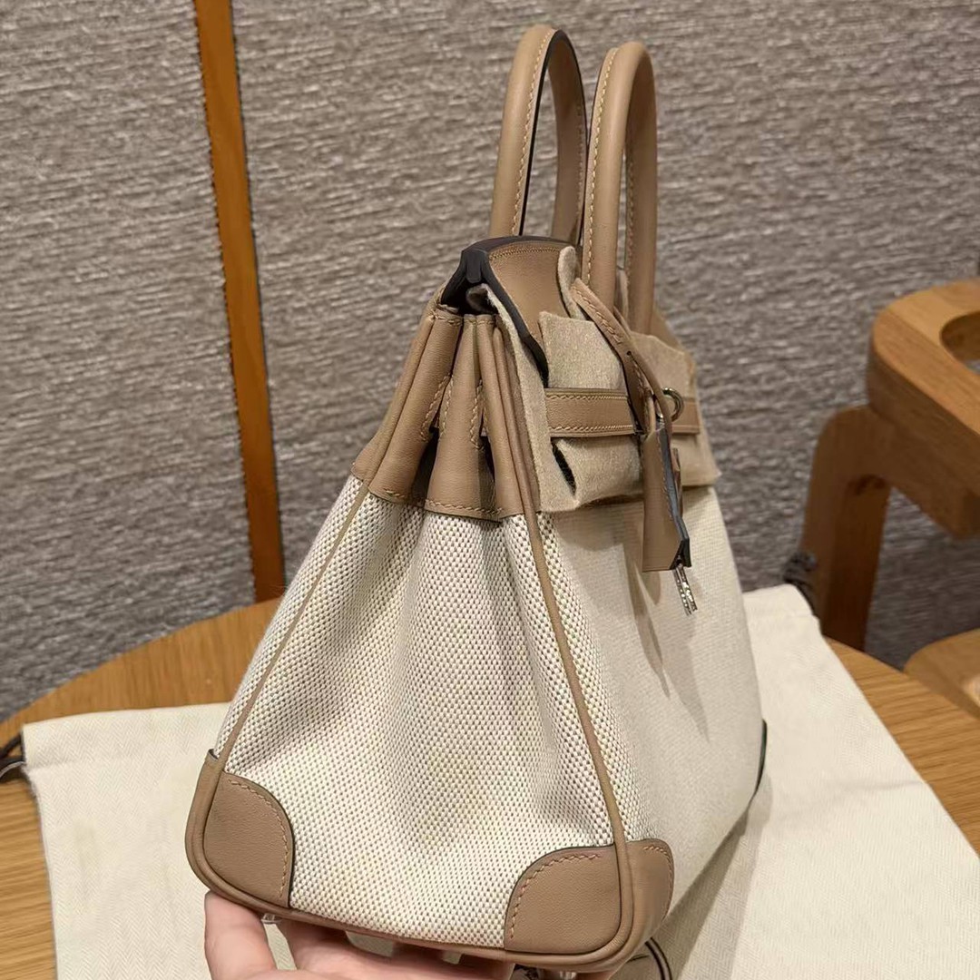 Hermes Birkin Toile H 25 Bag Handmade In Swift Calfskin Leather Canvas Silver Hardware 0M Chai - Image 9
