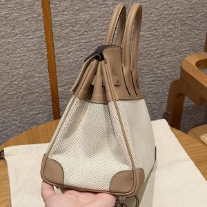 Hermes Birkin Toile H 25 Bag Handmade In Swift Calfskin Leather Canvas Silver Hardware 0M Chai - Image 8