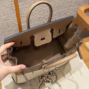 Hermes Birkin Toile H 25 Bag Handmade In Swift Calfskin Leather Canvas Silver Hardware 0M Chai - Image 6