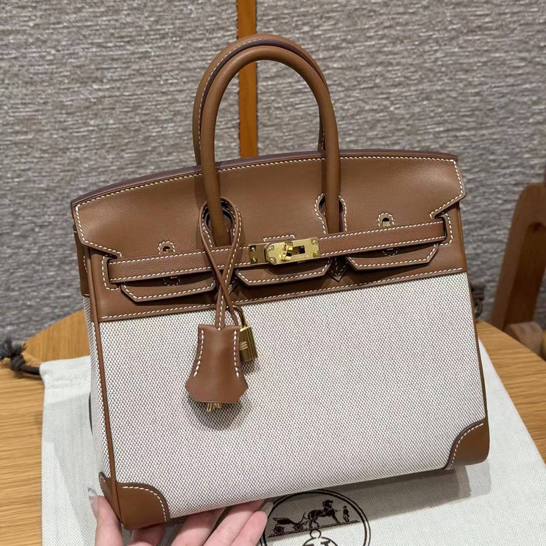 Hermes Birkin Toile H 25 Bag Handmade In Swift Calfskin Leather And Canvas Gold Hardware 37 Gold