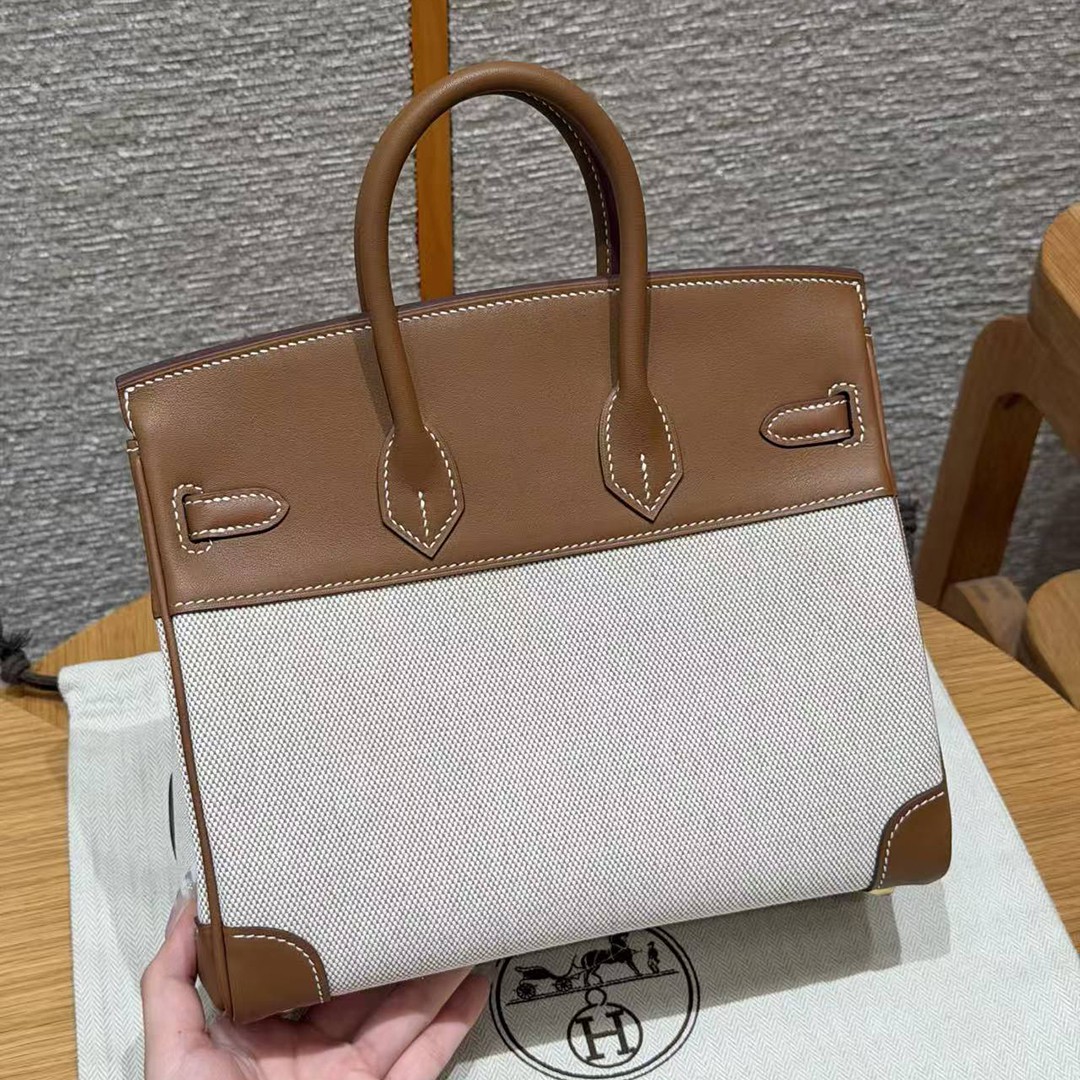 Hermes Birkin Toile H 25 Bag Handmade In Swift Calfskin Leather And Canvas Gold Hardware 37 Gold - Image 2