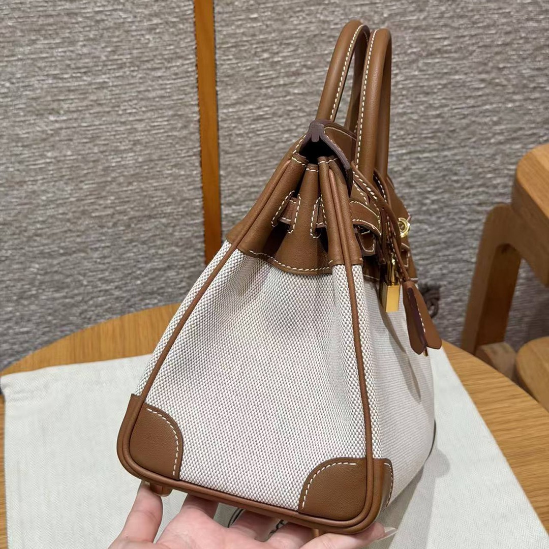 Hermes Birkin Toile H 25 Bag Handmade In Swift Calfskin Leather And Canvas Gold Hardware 37 Gold - Image 15