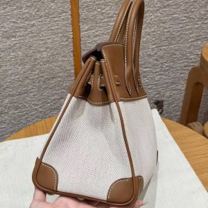 Hermes Birkin Toile H 25 Bag Handmade In Swift Calfskin Leather And Canvas Gold Hardware 37 Gold - Image 14