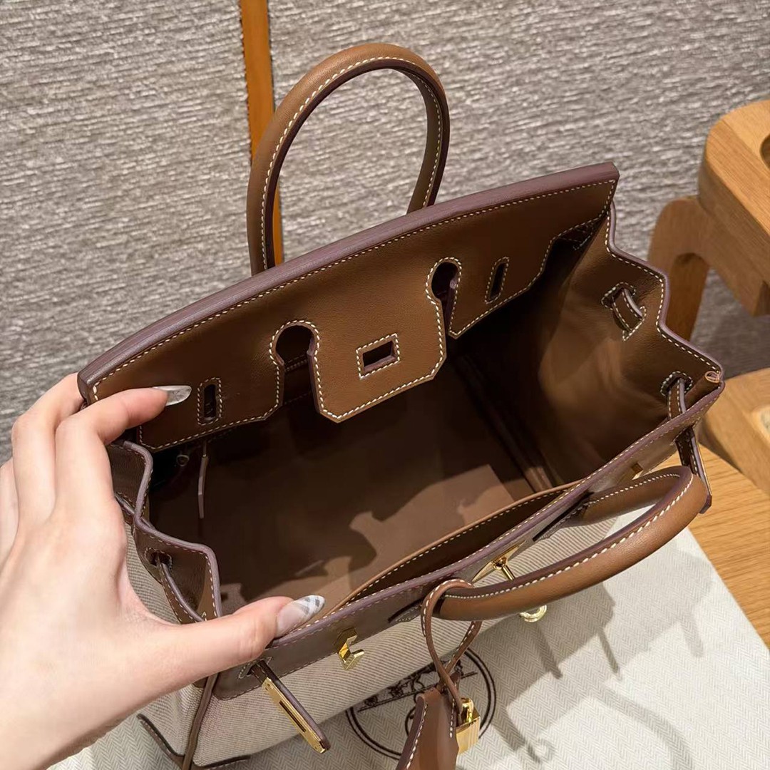 Hermes Birkin Toile H 25 Bag Handmade In Swift Calfskin Leather And Canvas Gold Hardware 37 Gold - Image 12