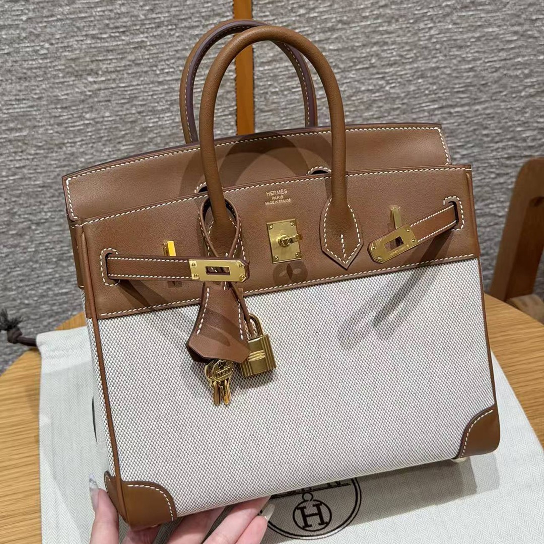 Hermes Birkin Toile H 25 Bag Handmade In Swift Calfskin Leather And Canvas Gold Hardware 37 Gold - Image 10