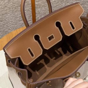 Hermes Birkin Toile H 25 Bag Handmade In Swift Calfskin Leather And Canvas Gold Hardware 37 Gold - Image 9