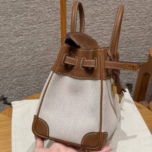 Hermes Birkin Toile H 25 Bag Handmade In Swift Calfskin Leather And Canvas Gold Hardware 37 Gold - Image 8