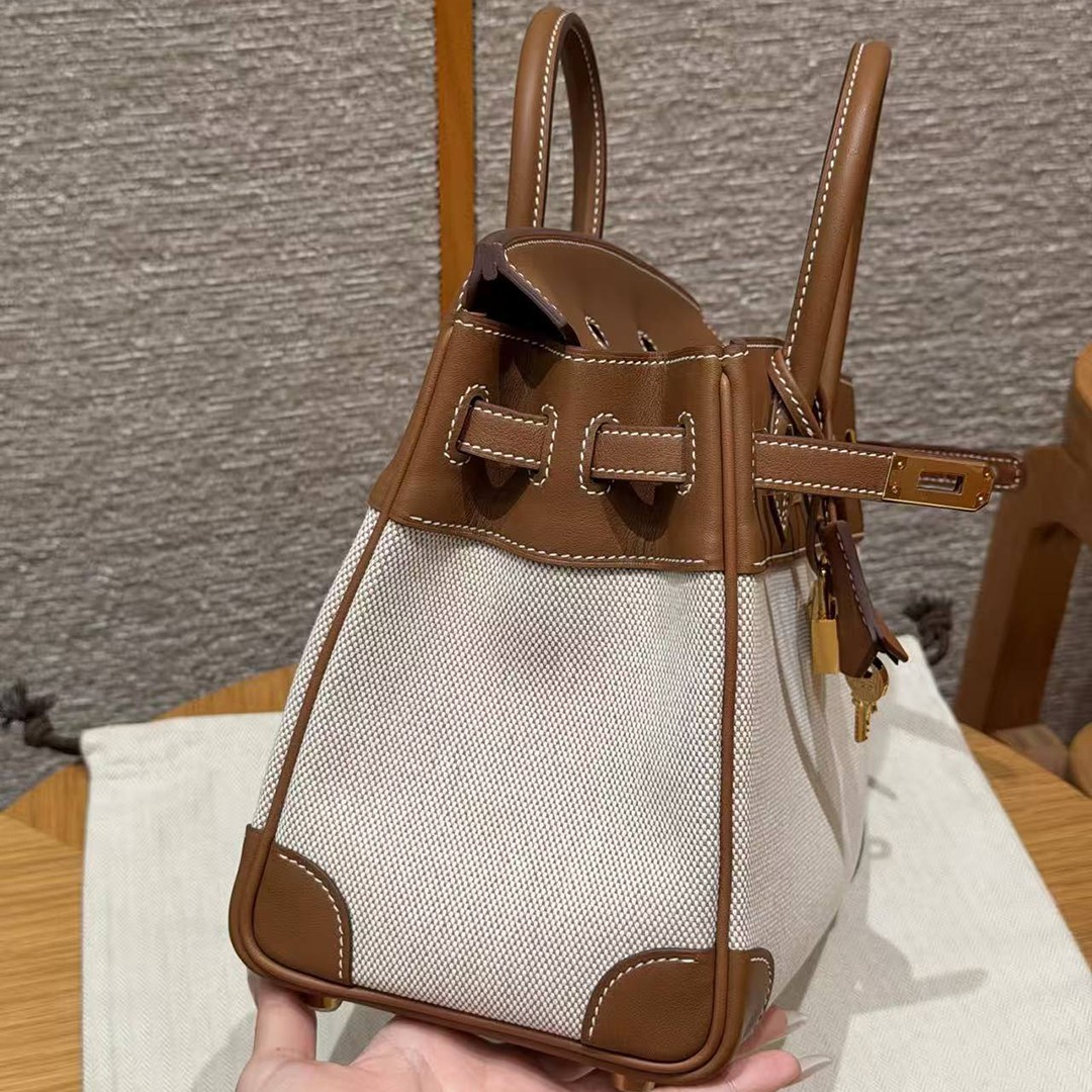 Hermes Birkin Toile H 25 Bag Handmade In Swift Calfskin Leather And Canvas Gold Hardware 37 Gold - Image 8