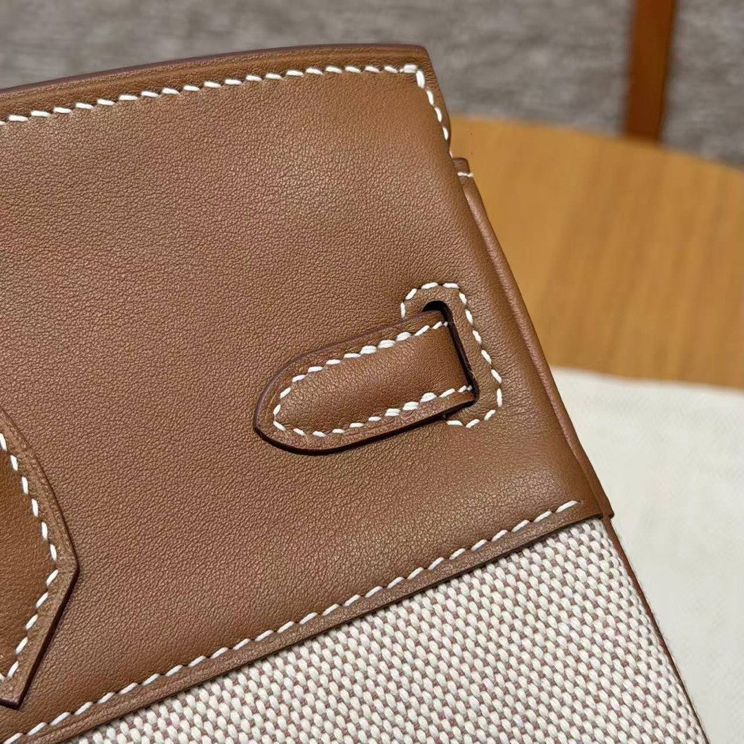 Hermes Birkin Toile H 25 Bag Handmade In Swift Calfskin Leather And Canvas Gold Hardware 37 Gold - Image 6