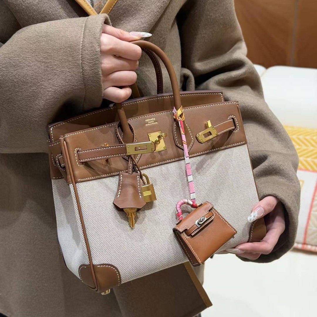 Hermes Birkin Toile H 25 Bag Handmade In Swift Calfskin Leather And Canvas Gold Hardware 37 Gold - Image 5