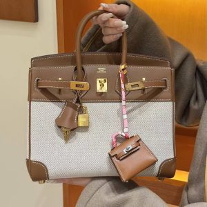 Hermes Birkin Toile H 25 Bag Handmade In Swift Calfskin Leather And Canvas Gold Hardware 37 Gold - Image 4