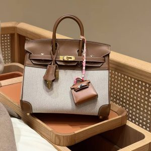 Hermes Birkin Toile H 25 Bag Handmade In Swift Calfskin Leather And Canvas Gold Hardware 37 Gold - Image 3