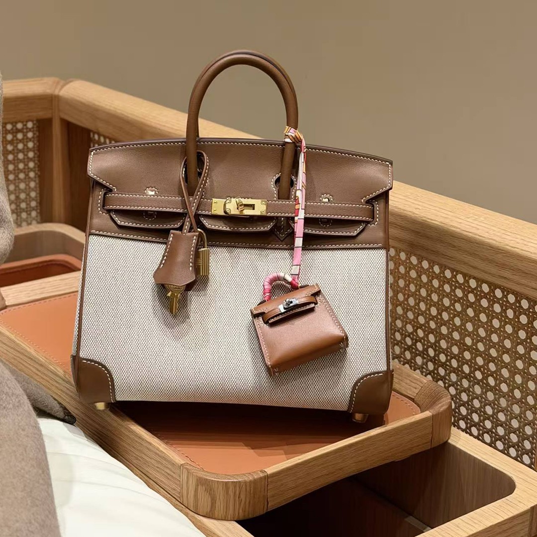 Hermes Birkin Toile H 25 Bag Handmade In Swift Calfskin Leather And Canvas Gold Hardware 37 Gold - Image 3