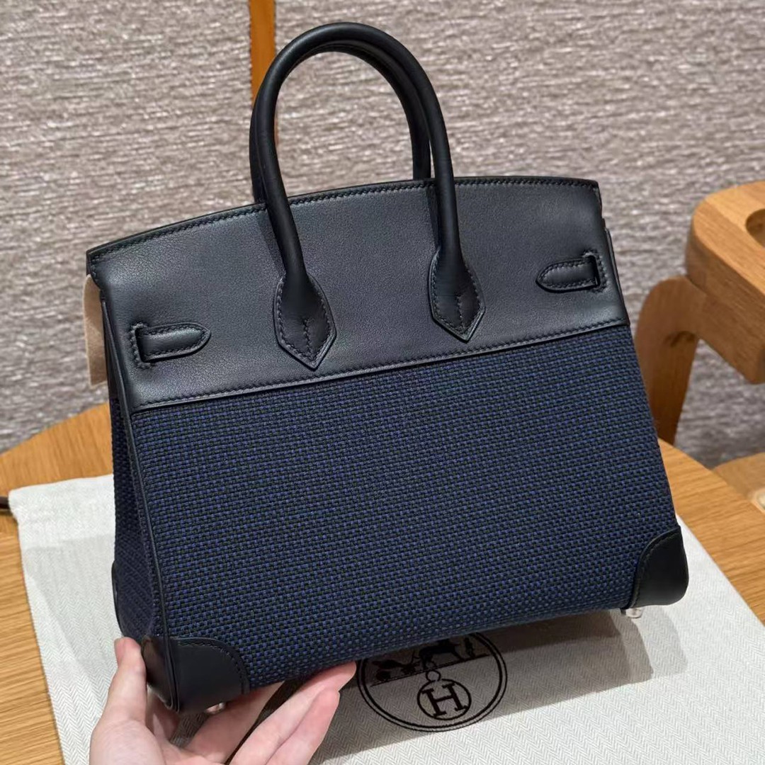 Hermes Birkin Toile H 25 Bag Handmade In Swift Calfskin Leather And Canvas 89 Noir - Image 18