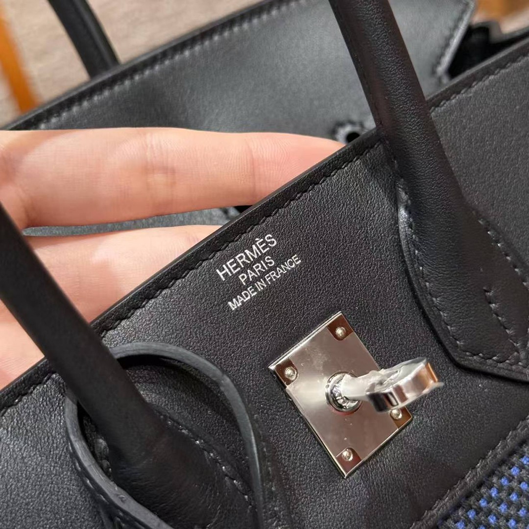 Hermes Birkin Toile H 25 Bag Handmade In Swift Calfskin Leather And Canvas 89 Noir - Image 14