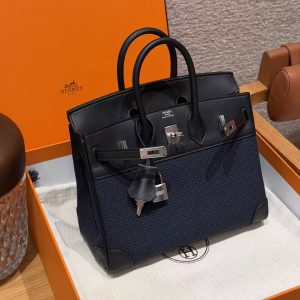 Hermes Birkin Toile H 25 Bag Handmade In Swift Calfskin Leather And Canvas 89 Noir - Image 11