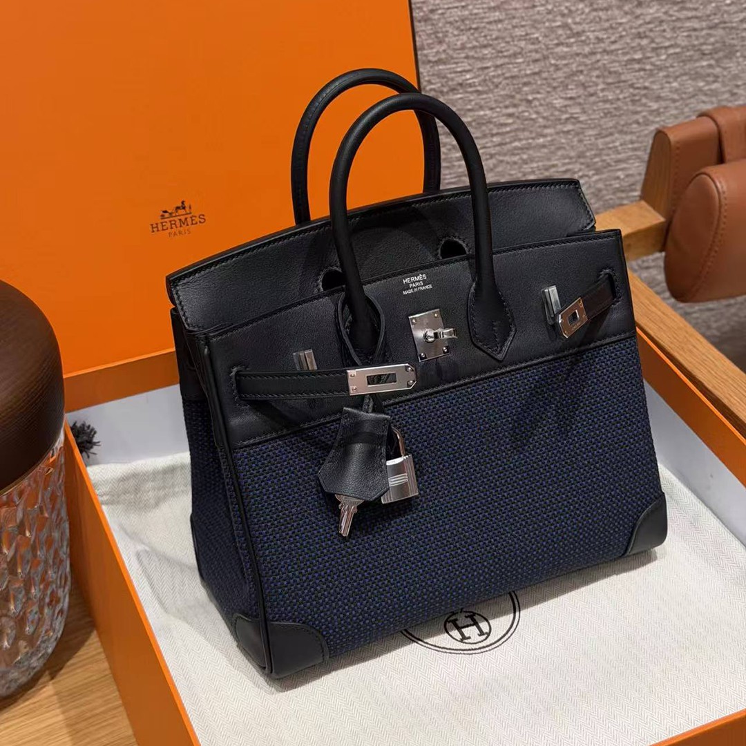 Hermes Birkin Toile H 25 Bag Handmade In Swift Calfskin Leather And Canvas 89 Noir - Image 11