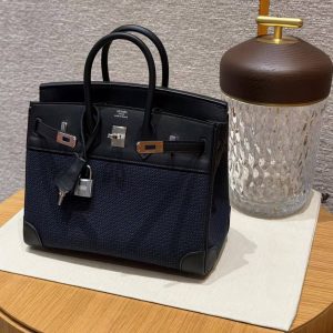 Hermes Birkin Toile H 25 Bag Handmade In Swift Calfskin Leather And Canvas 89 Noir - Image 10