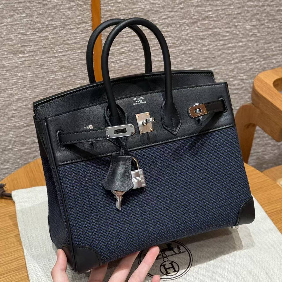Hermes Birkin Toile H 25 Bag Handmade In Swift Calfskin Leather And Canvas 89 Noir - Image 9