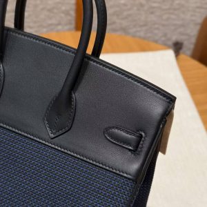 Hermes Birkin Toile H 25 Bag Handmade In Swift Calfskin Leather And Canvas 89 Noir - Image 6