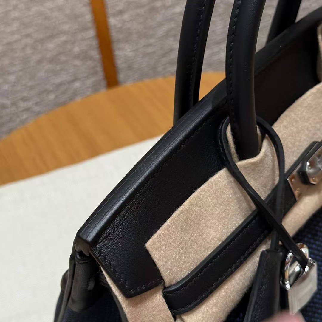 Hermes Birkin Toile H 25 Bag Handmade In Swift Calfskin Leather And Canvas 89 Noir - Image 5