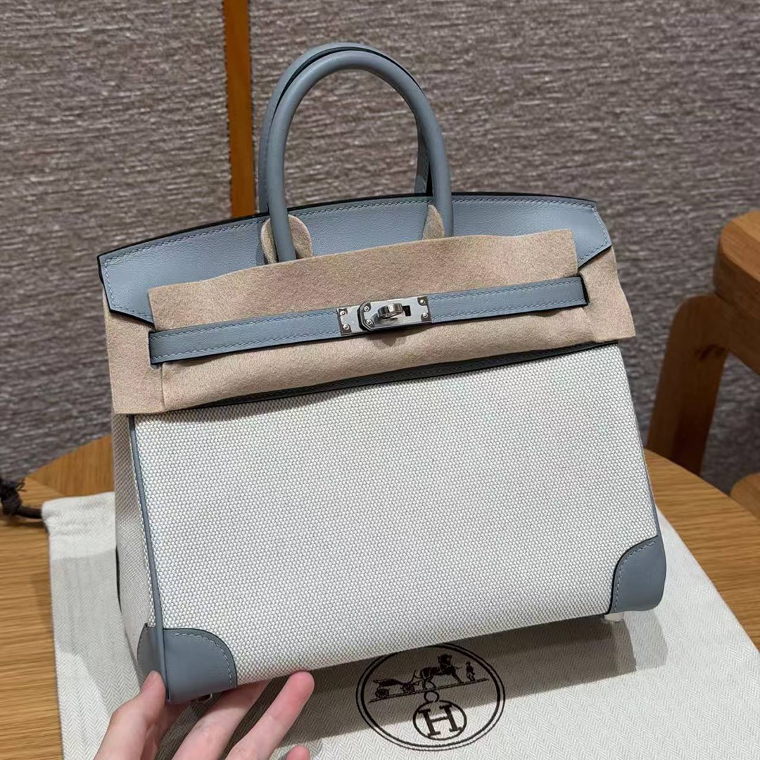 Hermes Birkin Toile H 25 Bag Handmade In Swift Calfskin Leather And Canvas Silver Hardware 8U Blue Glacier