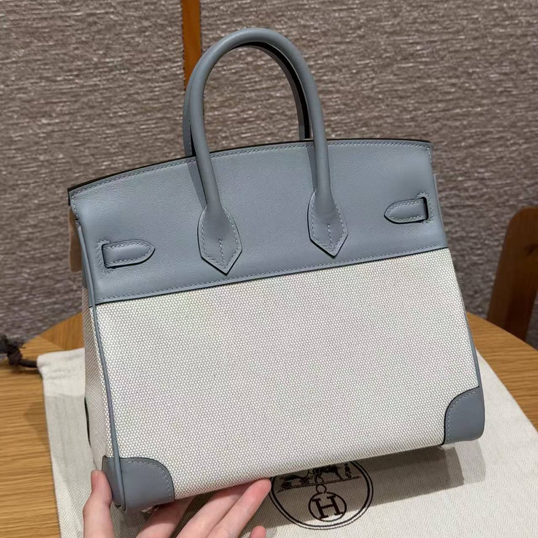 Hermes Birkin Toile H 25 Bag Handmade In Swift Calfskin Leather And Canvas Silver Hardware 8U Blue Glacier - Image 2