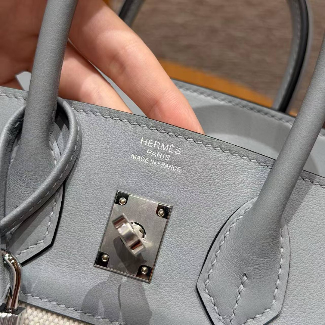Hermes Birkin Toile H 25 Bag Handmade In Swift Calfskin Leather And Canvas Silver Hardware 8U Blue Glacier - Image 15