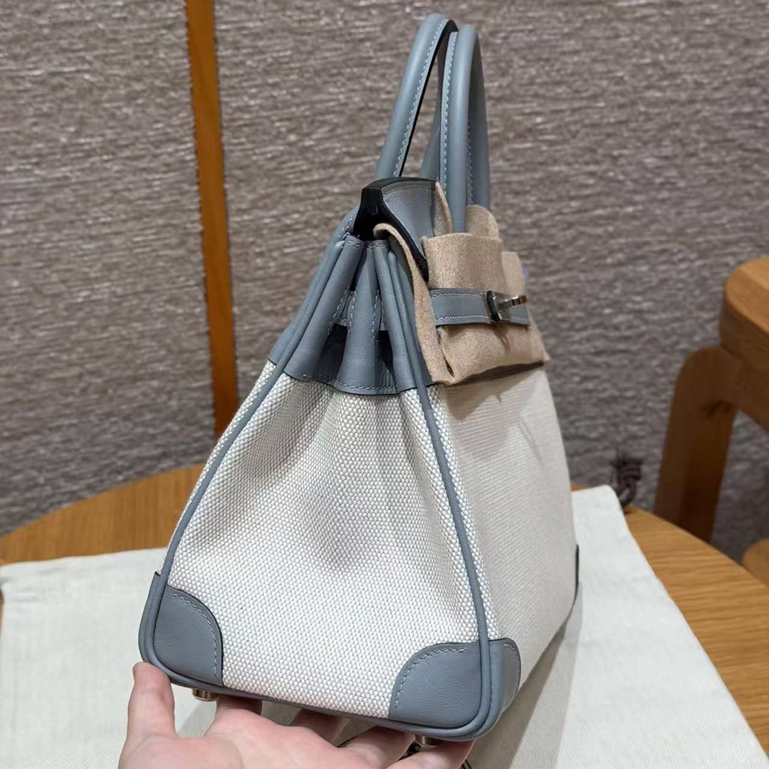 Hermes Birkin Toile H 25 Bag Handmade In Swift Calfskin Leather And Canvas Silver Hardware 8U Blue Glacier - Image 14